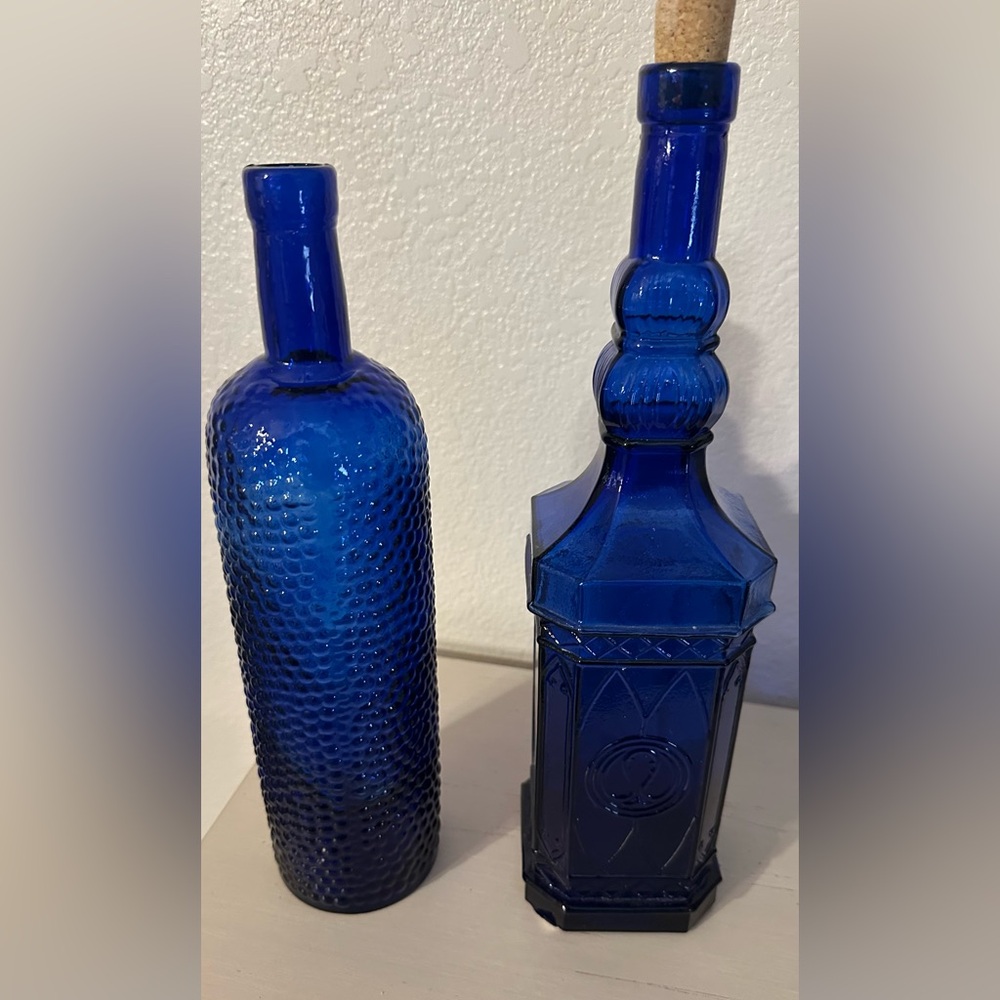 Cobalt Blue Ornate Recycled Glass Bottles Made In Spain Vintage Set Of 2 - Picture 3 of 8